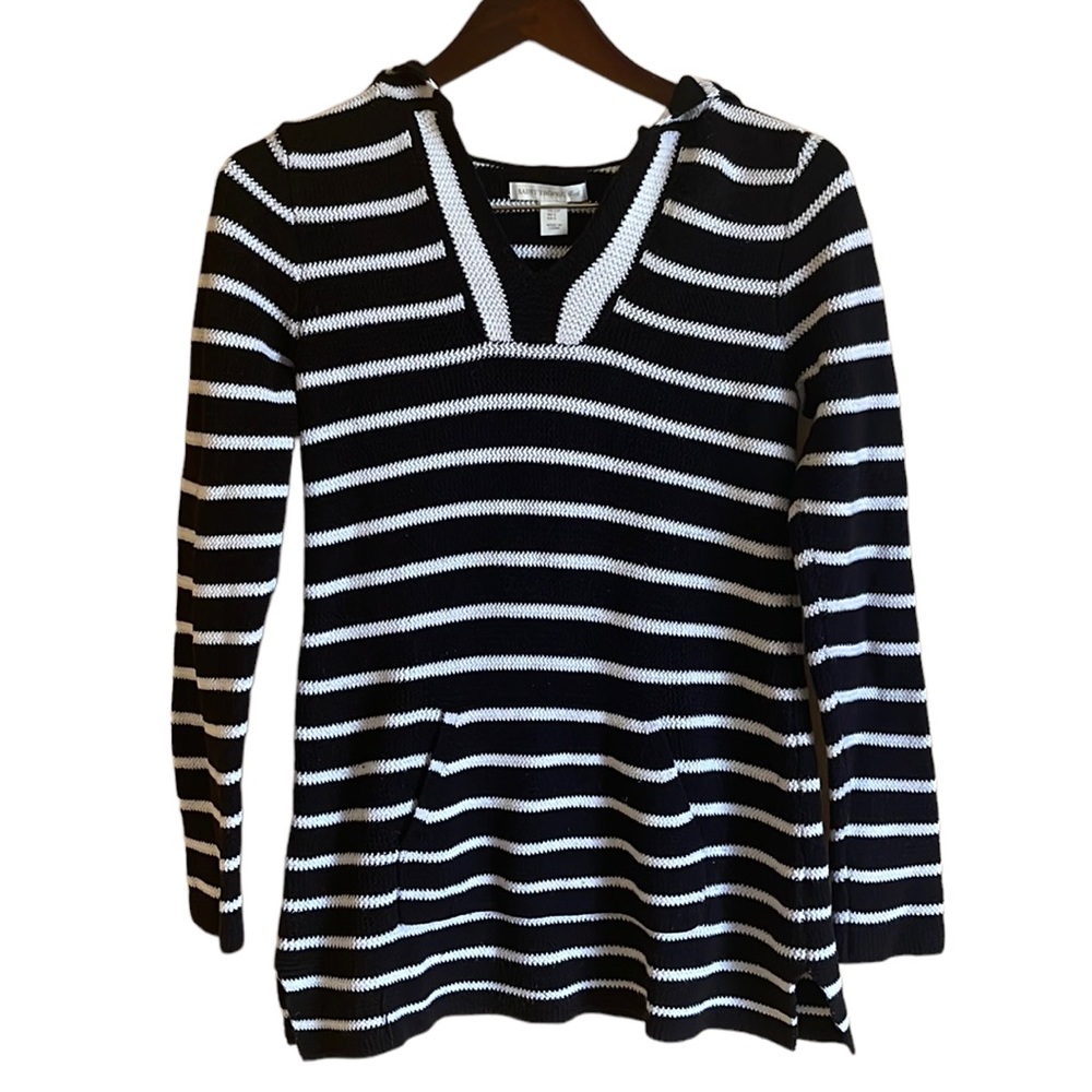 Saint trope west black and white striped knit hooded tunic top